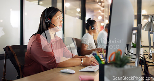 Image of Call center, woman and phone call, contact us with CRM, customer service or telemarketing sales, conversation and technology. Communication, headset and female call centre employee, help and computer