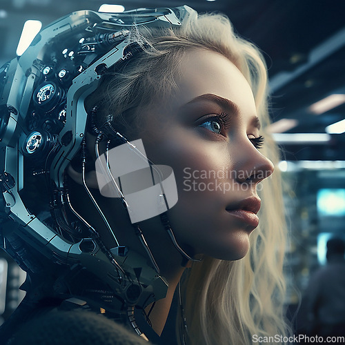 Image of Cyberpunk, scifi gaming and robot woman for fantasy character, digital video game and metaverse. Futuristic technology, virtual reality and dystopian girl with ai generated, cyborg and 3d art design