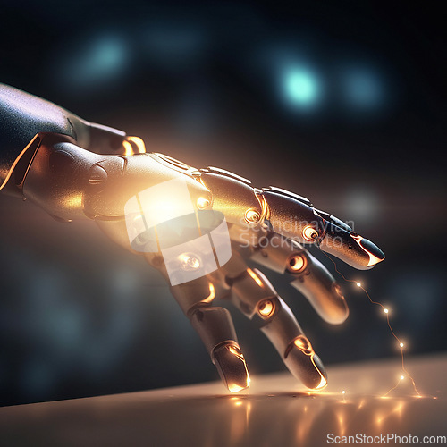 Image of Robot hand, technology and ai with digital transformation, cyborg and android with scifi. Automation, computer science and machine learning, innovation and cutting edge tech, alien and engineering