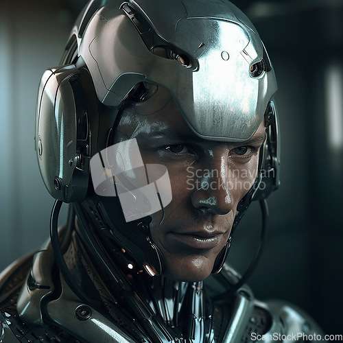 Image of Cyberpunk, futuristic and scifi cyborg man for video game character, digital gaming and metaverse. Technology, virtual reality and dystopian male soldier at night for ai generated, 3d robot design