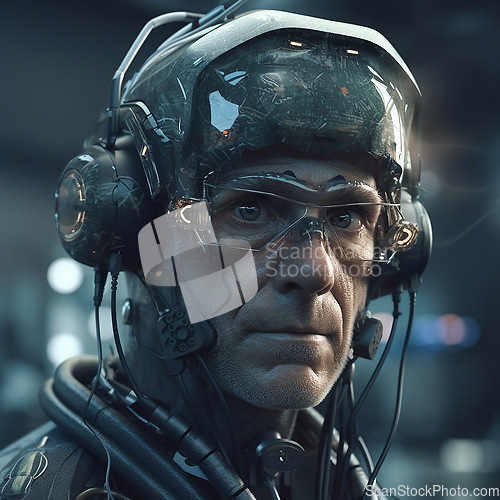 Image of Cyberpunk, cyborg and scifi old man for fantasy character, digital video game and metaverse. Technology, virtual reality and male hero in dystopian city at night in ai generated, robot and 3d design