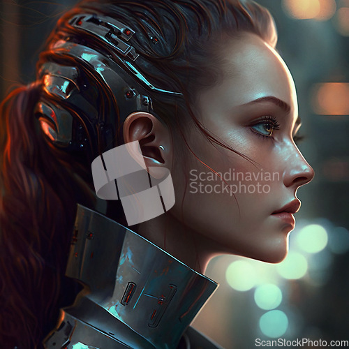 Image of Futuristic, 3d face and cyborg woman profile in digital world, virtual reality or science fiction in high tech and night bokeh. Robotics human, cyber programming or ai generated fantasy character