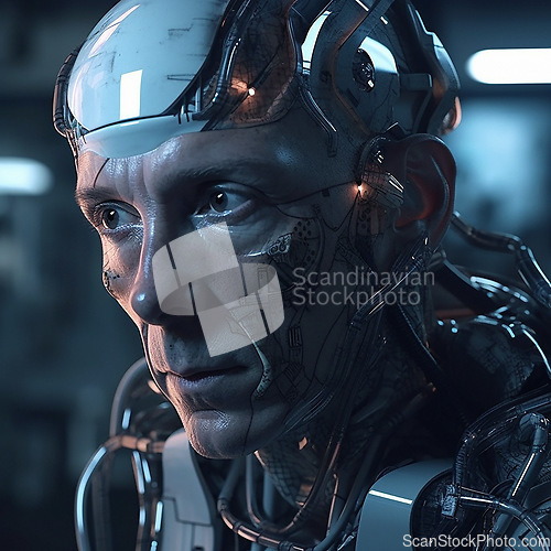 Image of Cyberpunk, cyborg and scifi old man for gaming character, digital video game and futuristic metaverse. Technology, virtual reality and dystopian male at night for fantasy ai generated robot design