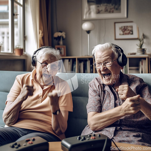 Image of Celebrate, senior couple and video game, winning and excited celebration and online games in retirement. Happiness, ai generated old woman and man with headphones on sofa in nursing home together.