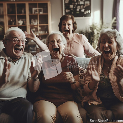 Image of Retirement, humor and a group of senior friends laughing while playing games together in the living room of home. Happy, funny or bonding with mature men and woman enjoying comedy or ai generated fun