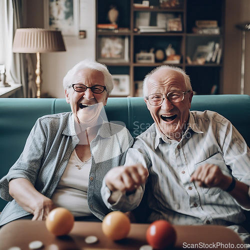 Image of Portrait of happy senior couple, boardgame and excited while playing games in living room and retirement. Happiness, ai generated old man and woman with game sitting on sofa together in nursing home.