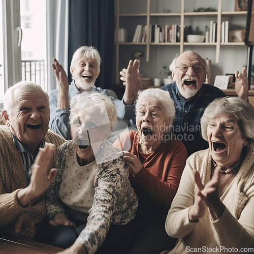 Image of Retirement, laugh and a group of senior friends having fun while playing games together in a home living room. Happy, funny or bonding with mature men and woman enjoying ai generated comedy or humor