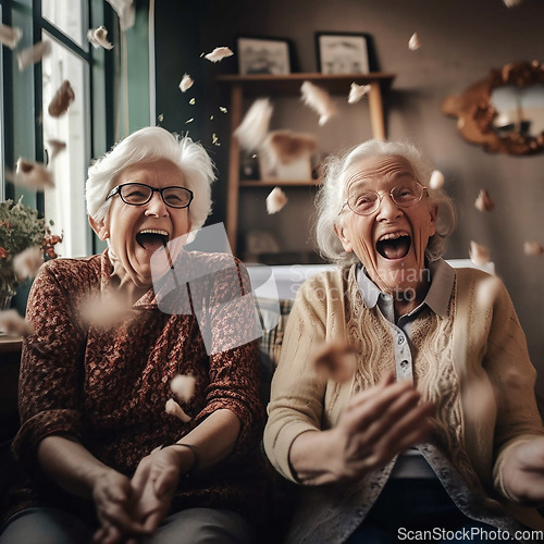 Image of Crazy, friends and senior women laughing, funny and happiness with joy at reunion. Excited, crazy ladies watching tv with popcorn in retirement home, bonding with food, fun and ai generated humor