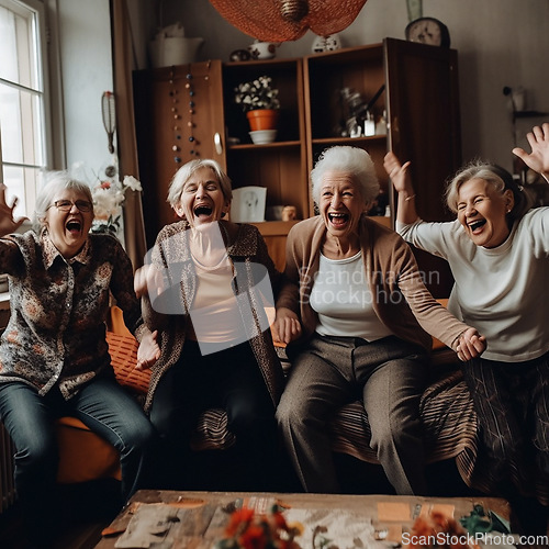 Image of Retirement, funny and a group of senior friends laughing while playing games together in the living room of a home. Happy, fun or bonding with a mature woman enjoying ai generated comedy or laughter
