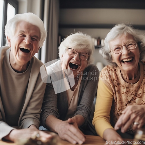 Image of Face, laughing or excited senior people, old friends or happy group with smile or enjoying a funny time together in retirement home. Friendship bonding, comedy and elderly women or AI generated man