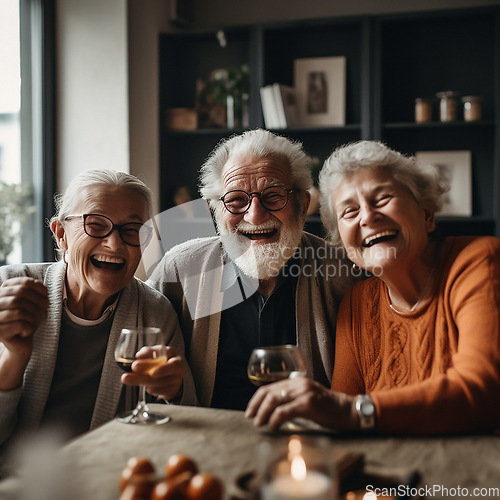 Image of Portrait, wine or laughing senior people, old friends or group happy, bond and enjoy funny time together in retirement home. Alcohol drinks, comedy and elderly women, excited man or AI generated face