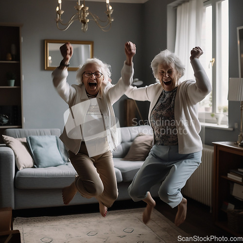 Image of Portrait, jump or excited senior women, friends or old people jumping, comic fun or happy achievement. Retirement, elderly or woman in winning celebration, home energy or Ai generated female person