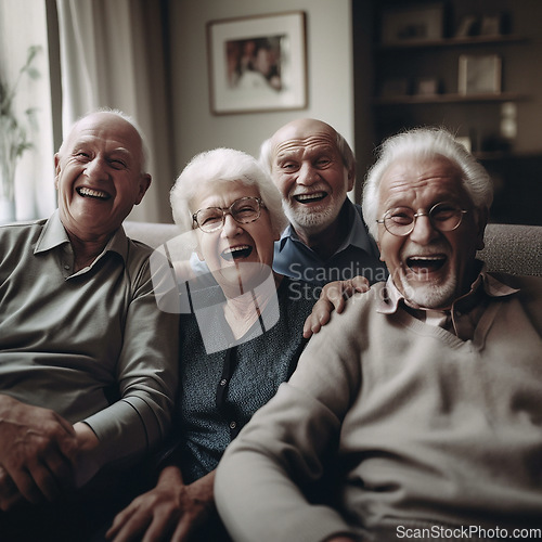 Image of Face, laughing or happy elderly people, old friends or group excited, smile and enjoy funny time together in retirement home. Friendship bonding, comedy and senior women, man or AI generated person