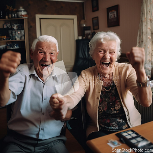 Image of Celebration, excited and senior couple cheer in home watching game show and entertainment. Retirement, success and ai generated elderly man and happy woman in winner victory, winning and achievement