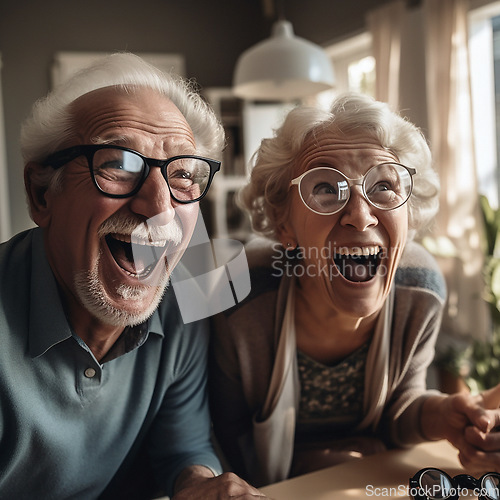 Image of Excited face, crazy and senior couple of friends happy, smile and enjoy bonding together in retirement home. Laugh, energy or scream of elderly women, fun man or AI generated people in living room