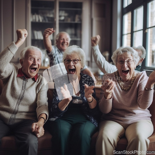 Image of Retirement, comedy and a group of senior friends laughing while playing games together in living room of home. Happy, funny or bonding with mature men and woman enjoying ai generated fun and laughter