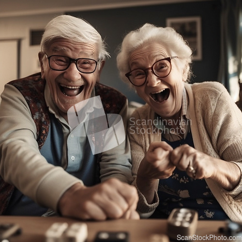 Image of Faces, laughing and senior couple with game, retirement and bonding with happy smile and love at home. Portrait, mature man and old woman with happiness, ai generated and retired with joy and fun