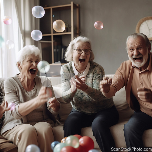 Image of Happy, laughing and senior friends on a sofa playing games together in the living room of a home. Happiness, bonding and elderly people in retirement bonding and talking in the lounge of a house.