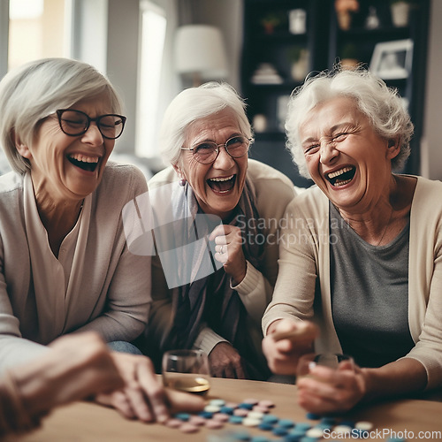 Image of Laughing, women and elderly friends on a sofa playing games together in the living room of a home. Happiness, ai generated and senior females in retirement bonding and talking in the lounge of house.