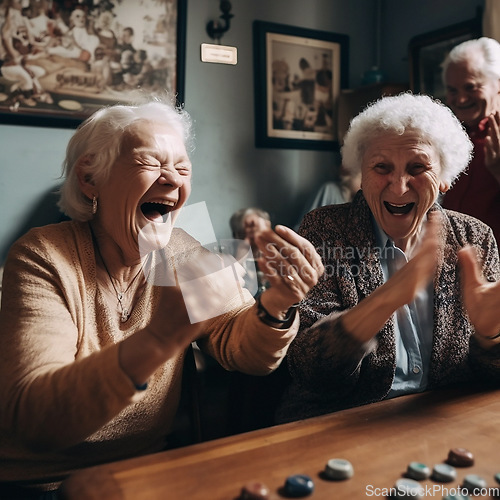Image of Happy senior women, board game and excited celebration winning while playing games, retirement friendships with smile. Happiness, ai generated old woman and friends with game in nursing home together