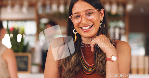 Image of Business woman, laughing or tablet in coffee shop, restaurant or cafe on video call, virtual meeting or webinar. Smile, happy or freelance entrepreneur on technology in funny presentation or planning