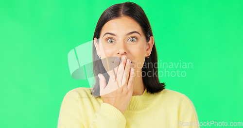 Image of Wow, laughing and face of a woman on green screen isolated on a studio background. Happy, funny and portrait of an excited girl with shock and surprise over good news, announcement or gossip