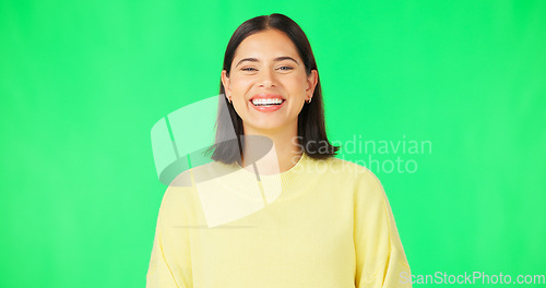 Image of Happy, laughing and the face of a woman on a green screen isolated on a studio background. Smile, beautiful and portrait of a girl with confidence, happiness and positivity on a mockup backdrop