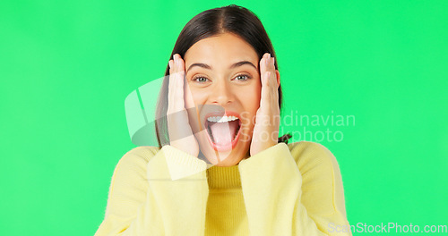 Image of Wow, surprise and face of woman on green screen for news, announcement and information in studio. Excited, happy and portrait of isolated girl smile with shocked, emoji and omg facial expression