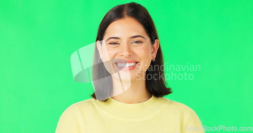 Image of Happy, laughing and the face of a woman on a green screen isolated on a studio background. Smile, beautiful and portrait of a girl with confidence, happiness and positivity on a mockup backdrop