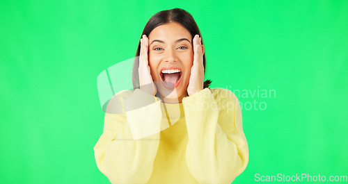 Image of Green screen, surprise and wow face of woman for news, announcement and deal information in studio. Excited, happy and portrait of isolated girl smile with shocked, emoji and omg facial expression