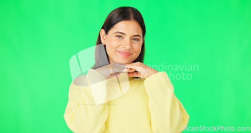 Image of Green screen, funny face expression and happy woman posing with tongue out, peace sign and carefree personality. Portrait, female model and smile in studio with emoji reactions, meme and happiness