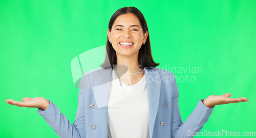 Image of Business woman, hands and green screen in product placement, decision or choice against studio background. Portrait of female with smile showing advertisement, marketing or sale on copy space mockup