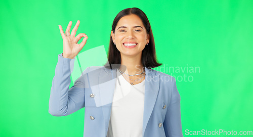 Image of Okay hands, face and woman smile on green screen, background and review of business support. Portrait of female employee, happy and ok for success, yes and bonus for perfect emoji, thank you and sign