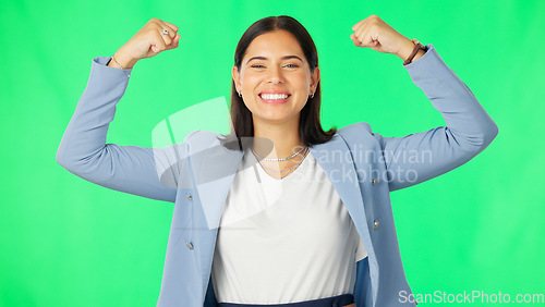 Image of Business woman, strong muscles and green screen with smile on face for success, celebration and motivation. Businesswoman, bicep arms and mock up portrait for corporate goals by studio background