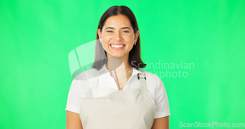 Image of Smile, woman and employee portrait on green screen with mockup space and apron. Professional female happy while advertising business or staff choice or service or promotion on a studio background