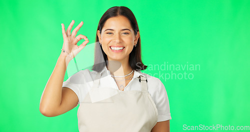 Image of Face, ok hands and happy woman on green screen, background and support of small business startup. Portrait of female model, smile and okay of success, yes and icon of perfect emoji, thank you or sign