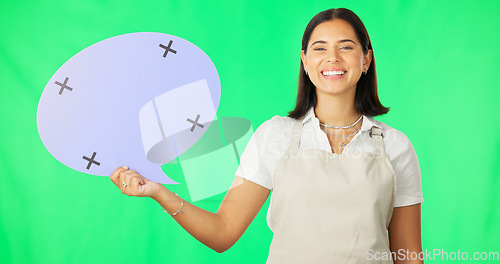 Image of Woman, speech bubble and smile on face by green screen studio for mockup, promo and social media. Girl, excited portrait and mock up poster for news, information and happy for branding by background