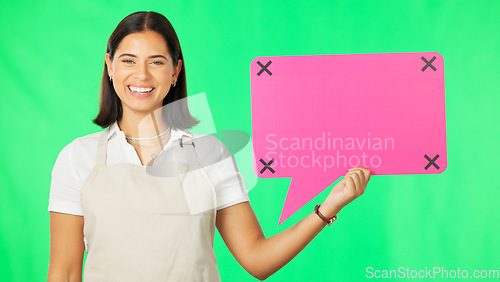 Image of Speech bubble, woman and face with marketing on green screen, mockup space and social media branding. Logo promo, tracking markers and female in portrait with smile, advertising on studio background
