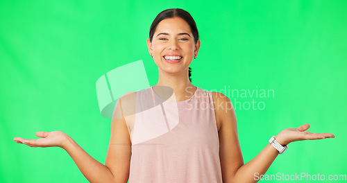 Image of Decision, comparison and happy woman with mockup studio choice, scale option or palm product placement. Portrait presentation, marketing space and female balance mock up isolated on green background