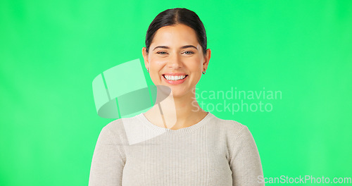 Image of Green screen, face and woman with smile, happiness and confidence on color background, backdrop and chroma key. Portrait of happy female model with pride, good mood and carefree personality in studio