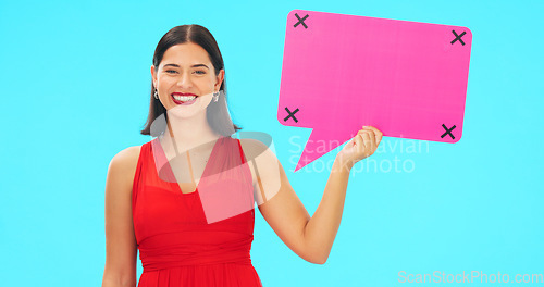 Image of Social media, studio or happy woman with mockup speech bubble for opinion, info or advertising. Product placement portrait, Valentines Day announcement or female with voice mock up on blue background