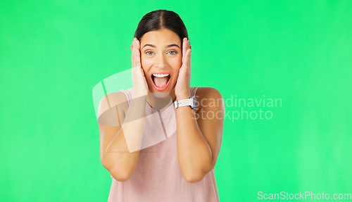Image of Shock, surprise and face of woman on green screen for good news, announcement and discount in studio. Excited, happy and portrait of isolated girl smile with shocked, wow and omg facial expression