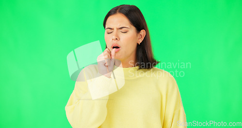 Image of Sick woman, coughing and flu on green screen, cold and virus from breathing problem. Female model, pain and cough for asthma attack, tuberculosis and sore throat of allergy, lungs or covid in studio