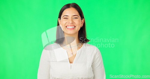 Image of Smile, woman and face on green screen, studio and color background with confidence, happiness and pride. Portrait of happy young female model in good mood, positive attitude and friendly personality