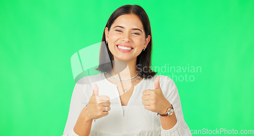 Image of Happy woman, hands and thumbs up on green screen for agreement, winning or success against a studio background. Portrait of female with smile showing thumb emoji, yes sign or like on chromakey mockup
