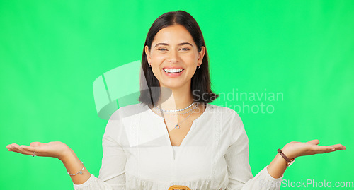 Image of Happy woman, hand and green screen in product placement, decision or choice against studio background. Portrait of female face with smile showing advertisement, marketing or sale on copy space mockup