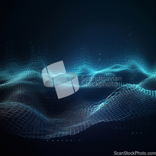 Image of Data, internet and futuristic background wave, with blue connection, abstract and technology illustration for big data, AI or a network or stream of communication, science or music. Blockchain, cloud