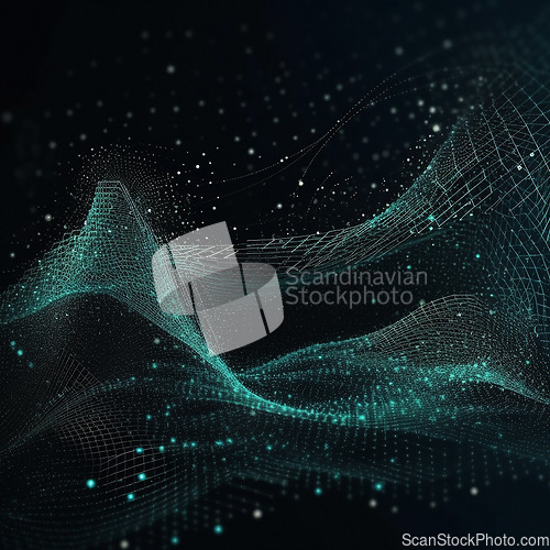 Image of Data, internet and futuristic background wave, with blue connection, abstract and technology illustration for big data, AI or a network or stream of communication, science or music. Blockchain, cloud