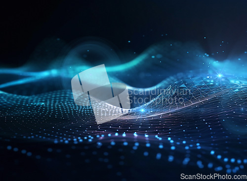 Image of Data, internet and futuristic background wave, with blue connection, abstract and technology illustration for big data, AI or a network or stream of communication, science or music. Blockchain, cloud