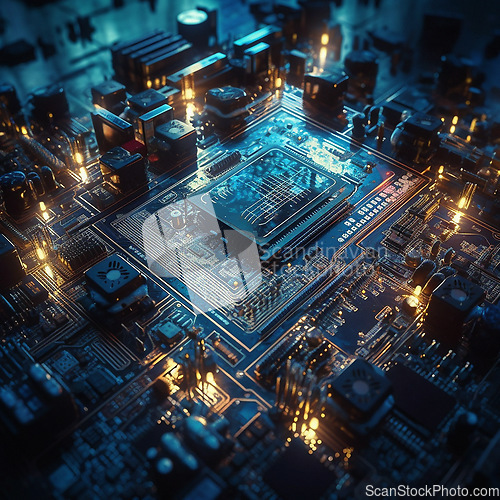 Image of Closeup, cpu and digital circuit with microchip, hardware and information technology coding. IT, data science and computer system with motherboard, programming or ai generated cyber security in night